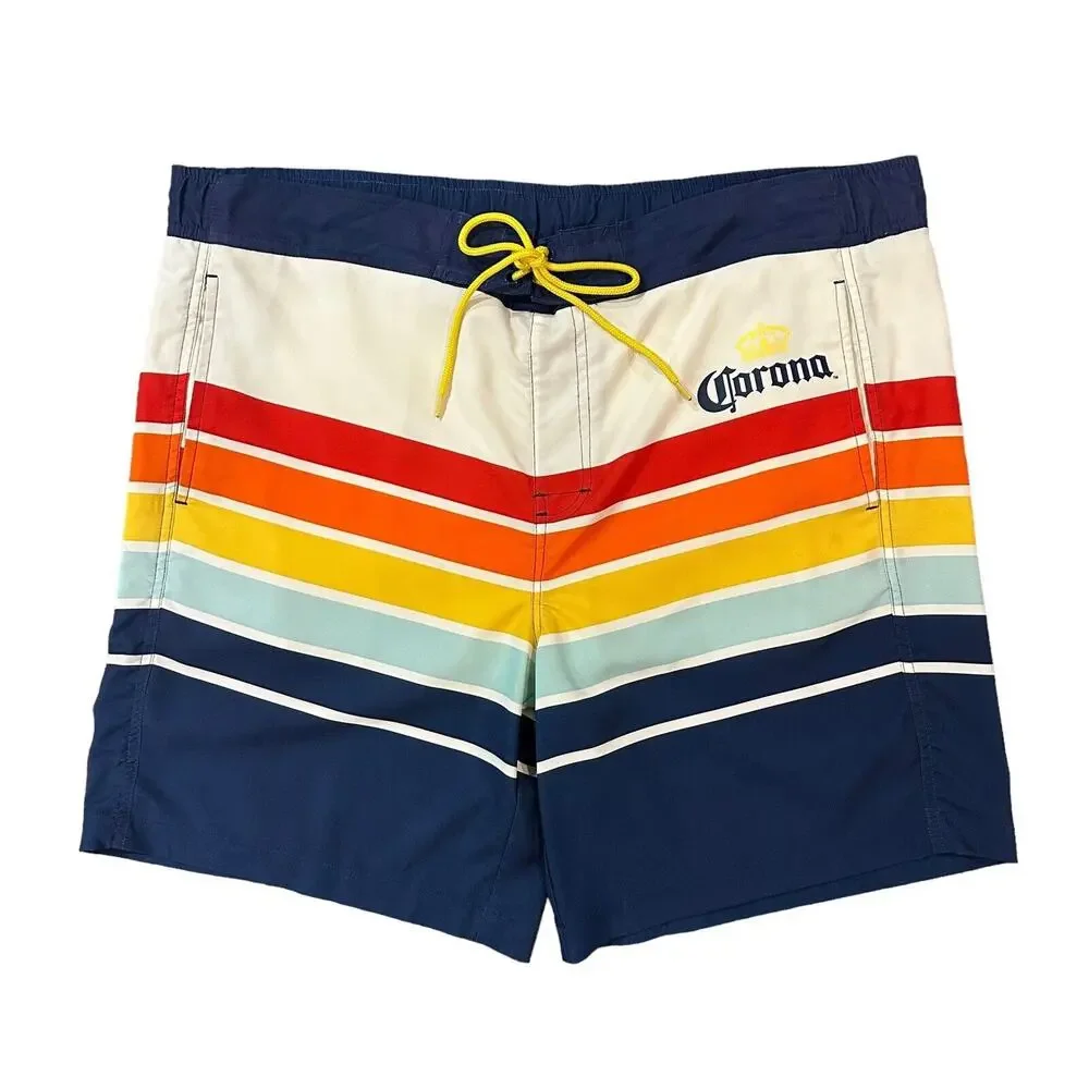 Corona Swim Trunks Mens L 36/38 Blue Colorful Striped Board Shorts Beer Retro